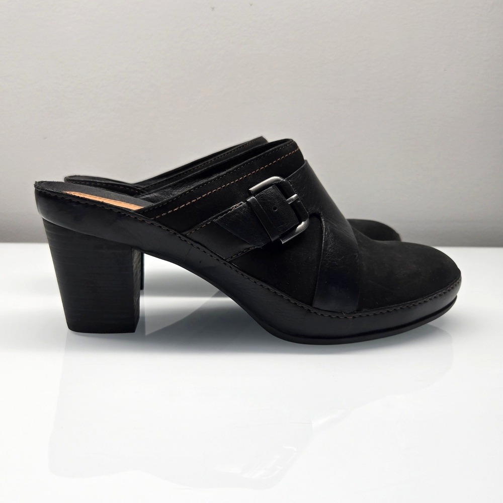 Clarks Artisan Mules Women 7 Black Leather Nubuck Buckle Block Heel Whimsigoth